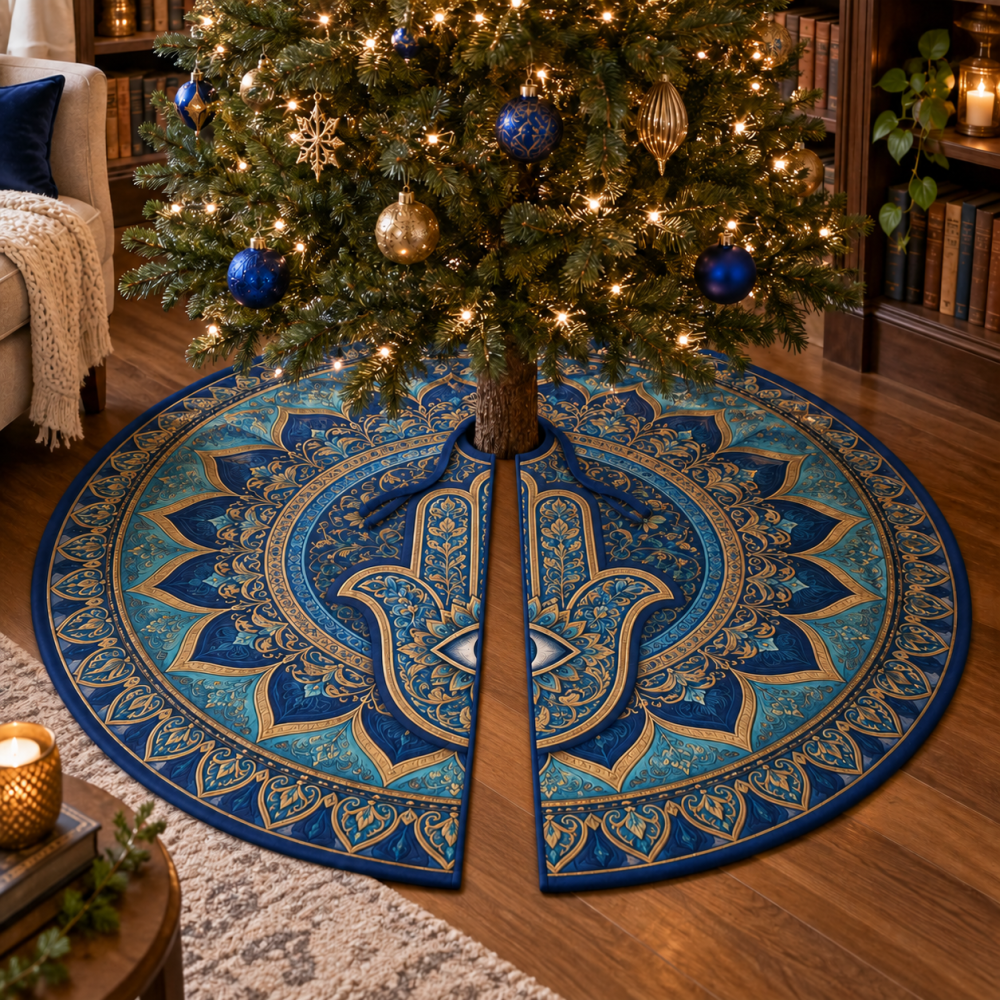 Hamsa Eye Reading Nook Christmas Tree Skirt — Boho Accent Mat To Cozy Up Your Book Corner With Protective Charm