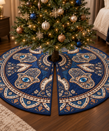 Cozy Hamsa Eye Holiday Tree Skirt For Bedroom — Soft Boho Christmas Tree Base With Protective Evil Eye Motif
