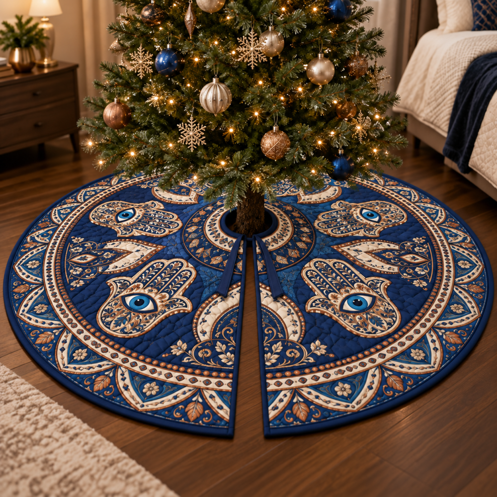 Cozy Hamsa Eye Holiday Tree Skirt For Bedroom — Soft Boho Christmas Tree Base With Protective Evil Eye Motif