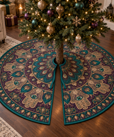 Bohemian Hamsa Eye Christmas Tree Skirt For Living Room — Large Protective Evil Eye Holiday Base With Luxe Trim