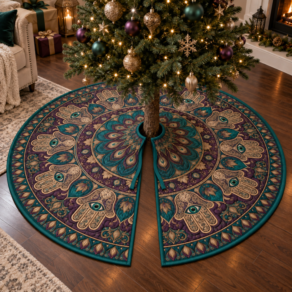 Bohemian Hamsa Eye Christmas Tree Skirt For Living Room — Large Protective Evil Eye Holiday Base With Luxe Trim