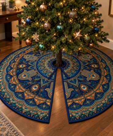 Hamsa Eye Home Office Tree Skirt — Spiritual Yet Professional Holiday Base For Workspaces, Desks & Remote Offices