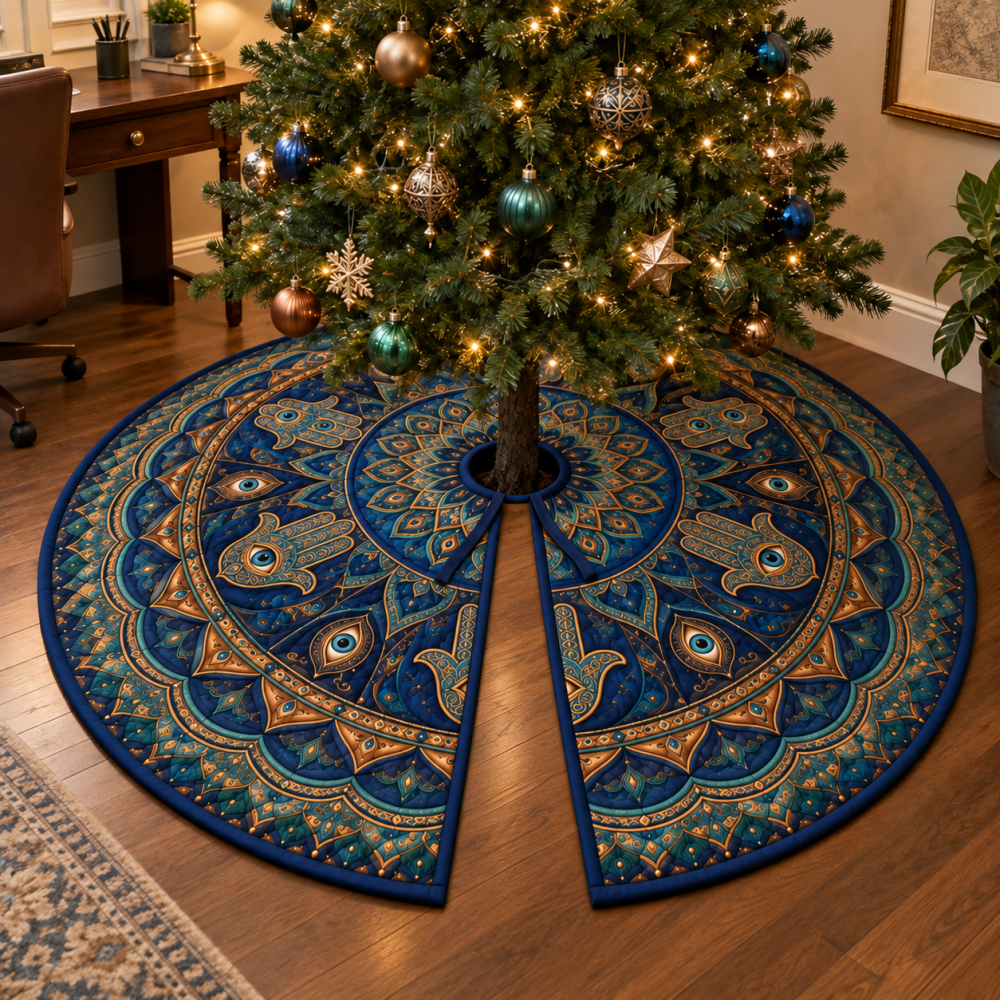 Hamsa Eye Home Office Tree Skirt — Spiritual Yet Professional Holiday Base For Workspaces, Desks & Remote Offices