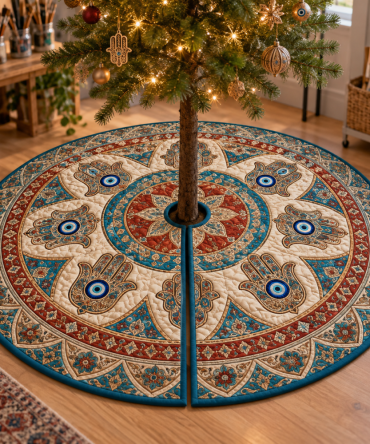 Hamsa Eye Hobby Studio Tree Skirt — Artistic Bohemian Tree Base For Craft Rooms, Studios & Creative Spaces