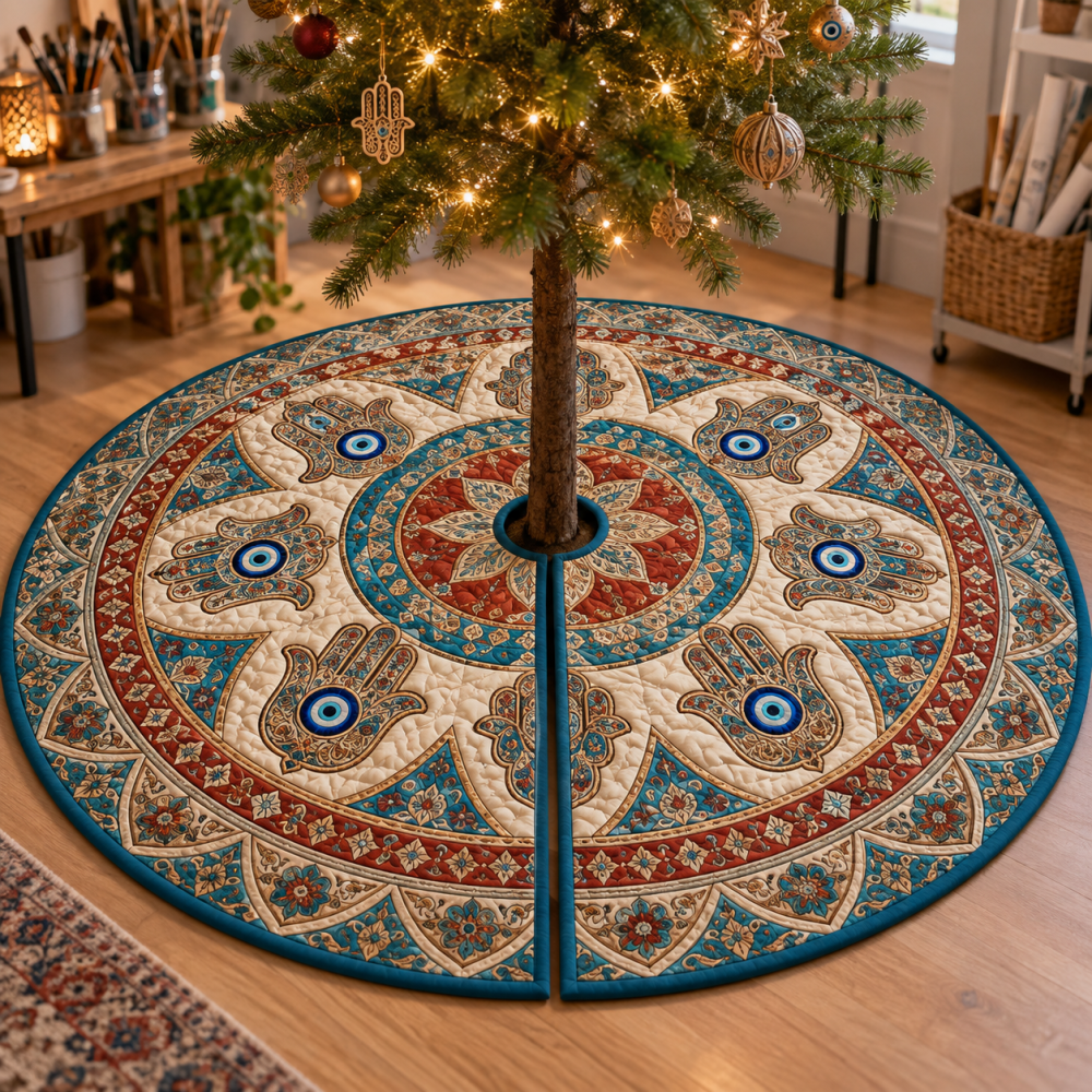 Hamsa Eye Hobby Studio Tree Skirt — Artistic Bohemian Tree Base For Craft Rooms, Studios & Creative Spaces