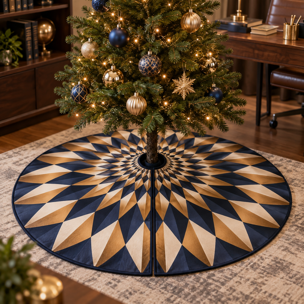 Home Office Geometric Sunburst Tree Skirt — Professional Holiday Tree Base For Desk Areas, Conference Corners & Work-From-Home Spaces