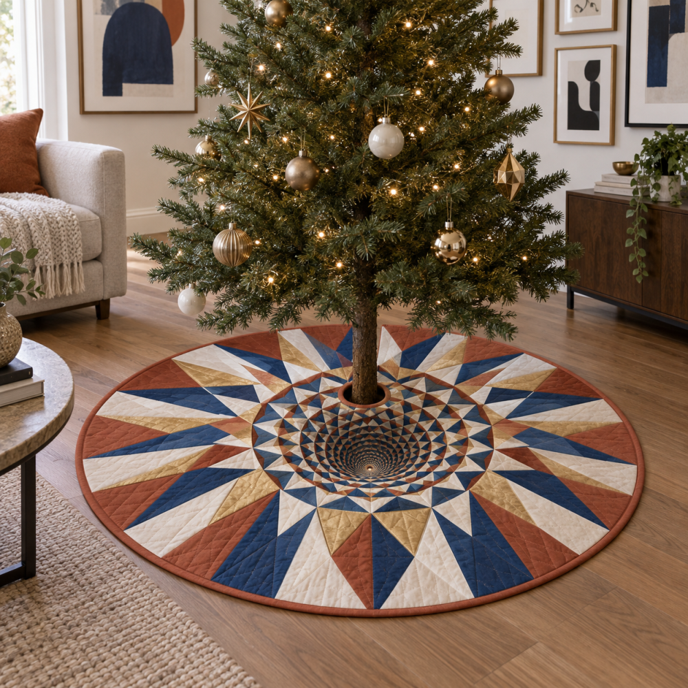 Modern Geometric Sunburst Christmas Tree Skirt — Compact Holiday Tree Base Cover For Apartments & Small Spaces, Trendy Decor