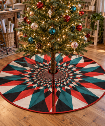 Geometric Sunburst Hobby Studio Tree Skirt — Modern Designer Christmas Base Cover For Creative Spaces, Plush, Reversible & Durable