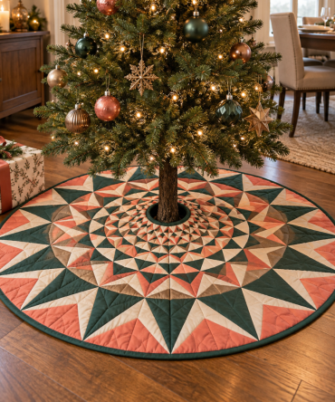 Geometric Sunburst Holiday Tree Skirt — Modern Sunburst Christmas Base Cover, Bold Geometric Design, Plush & Machine-Washable For Hosts