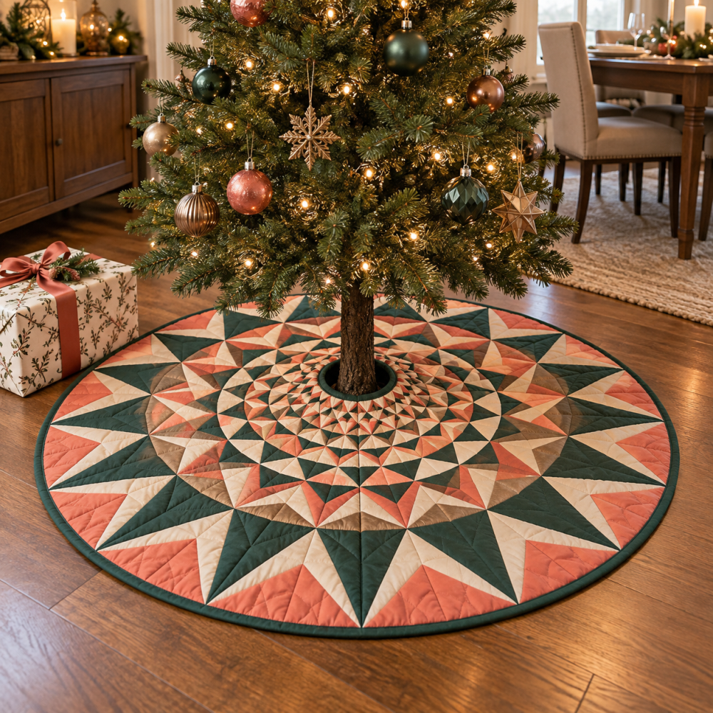 Geometric Sunburst Holiday Tree Skirt — Modern Sunburst Christmas Base Cover, Bold Geometric Design, Plush & Machine-Washable For Hosts