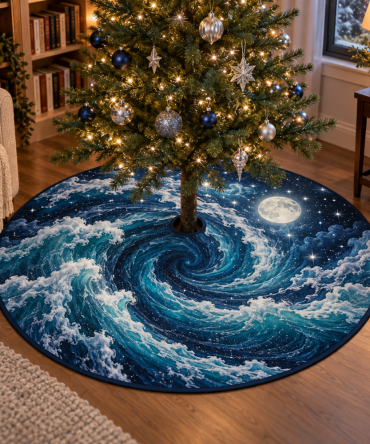 Celestial Ocean Tide Reading Nook Tree Skirt — Cozy Nautical Holiday Base Cover For Book Corners, Plush, Reversible & Machine-Washable