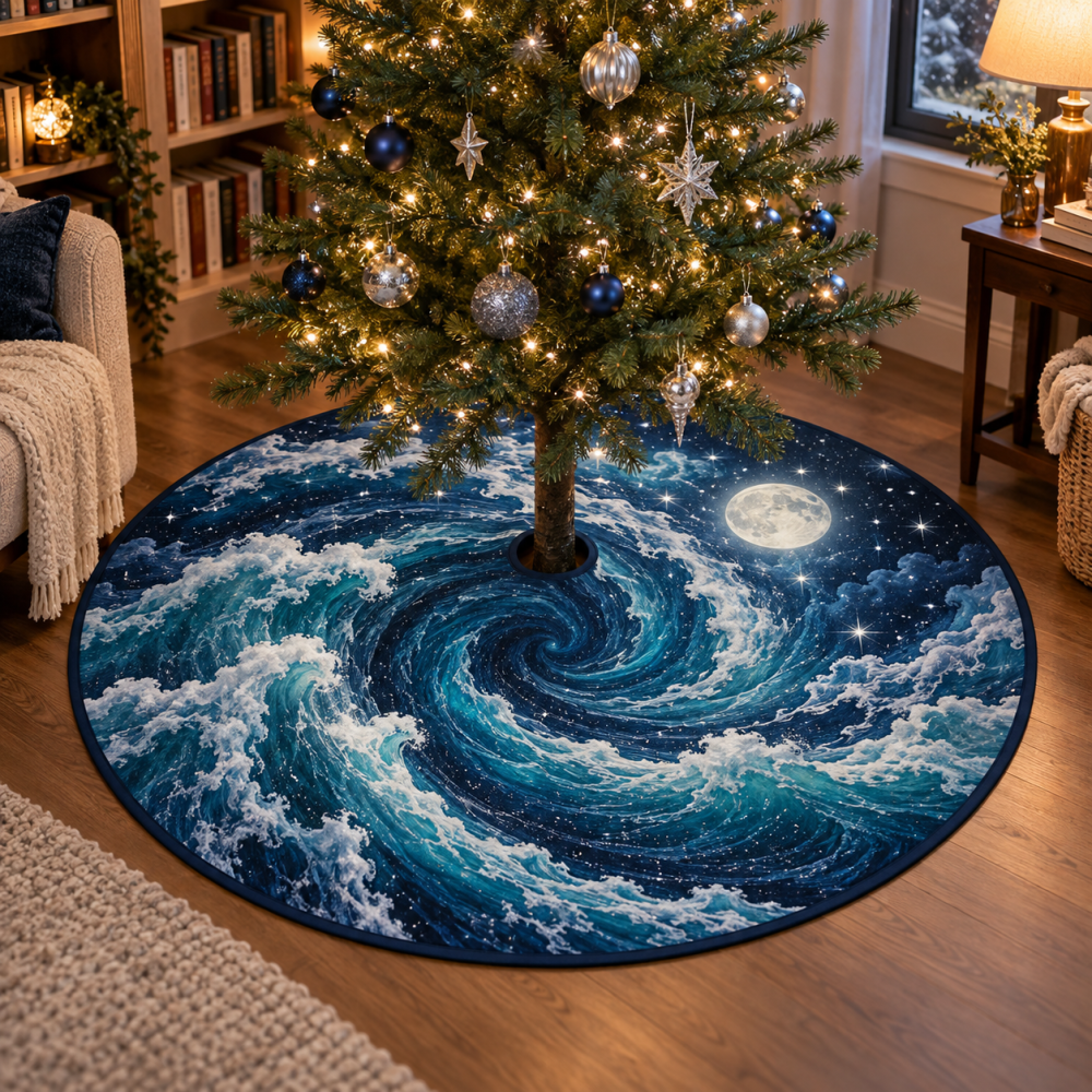 Celestial Ocean Tide Reading Nook Tree Skirt — Cozy Nautical Holiday Base Cover For Book Corners, Plush, Reversible & Machine-Washable
