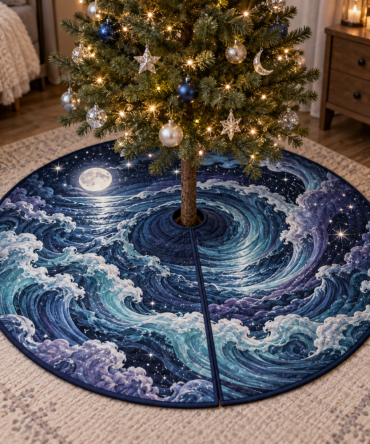 Celestial Ocean Tide Bedroom Tree Skirt — Serene Nautical Christmas Base Cover, Soft Plush, Reversible & Easy-Maintenance