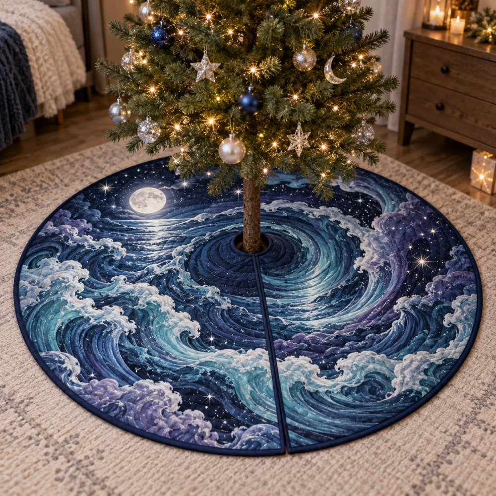Celestial Ocean Tide Bedroom Tree Skirt — Serene Nautical Christmas Base Cover, Soft Plush, Reversible & Easy-Maintenance