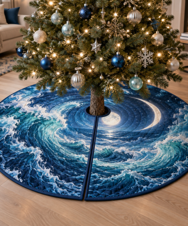 Celestial Ocean Tide Living Room Christmas Tree Skirt — Plush Nautical Holiday Base Cover, Reversible, Machine-Washable & Stylish