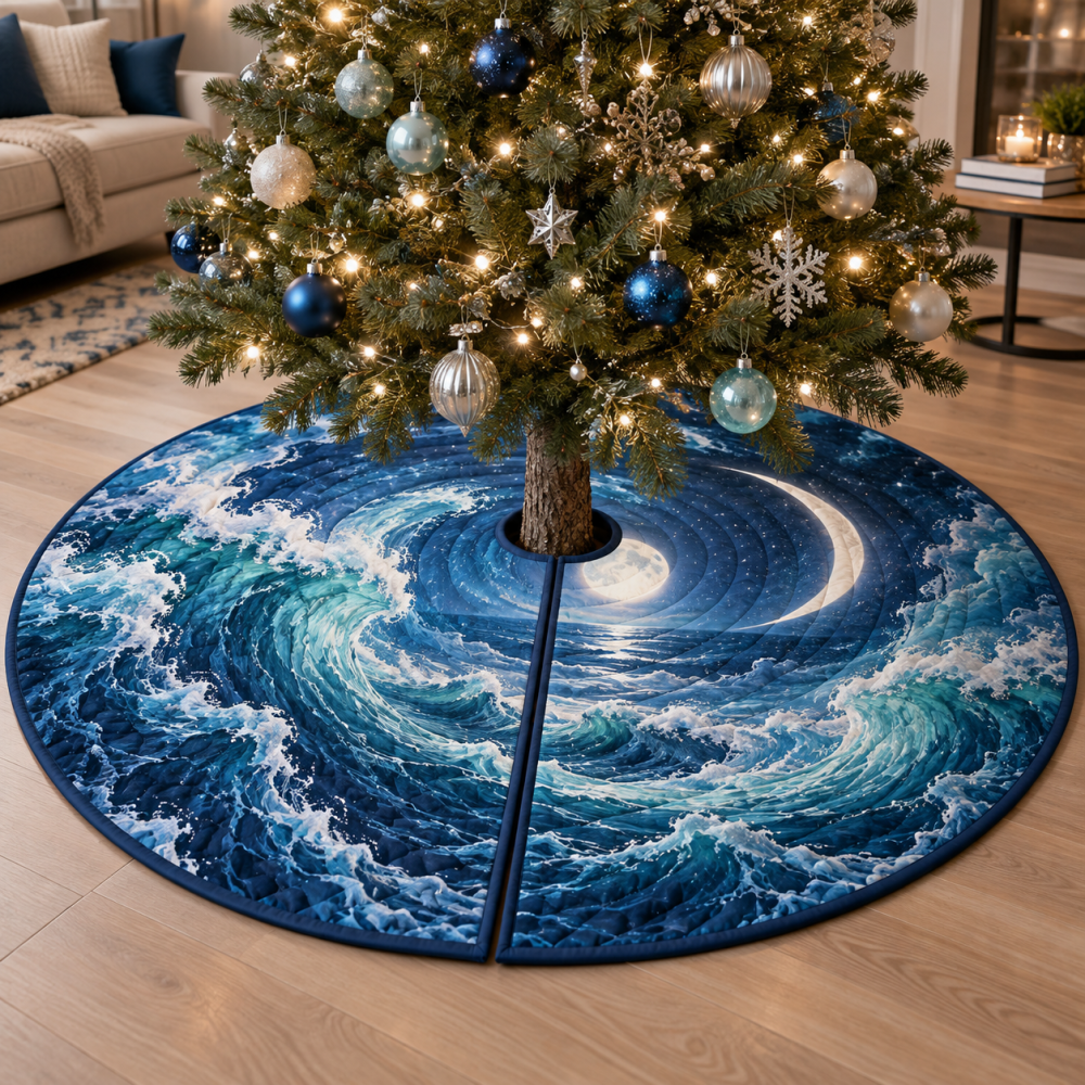 Celestial Ocean Tide Living Room Christmas Tree Skirt — Plush Nautical Holiday Base Cover, Reversible, Machine-Washable & Stylish