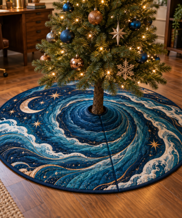 Celestial Ocean Tide Home Office Tree Skirt — Coastal-Themed Holiday Base Cover For Workspaces, Plush, Reversible & Low-Maintenance