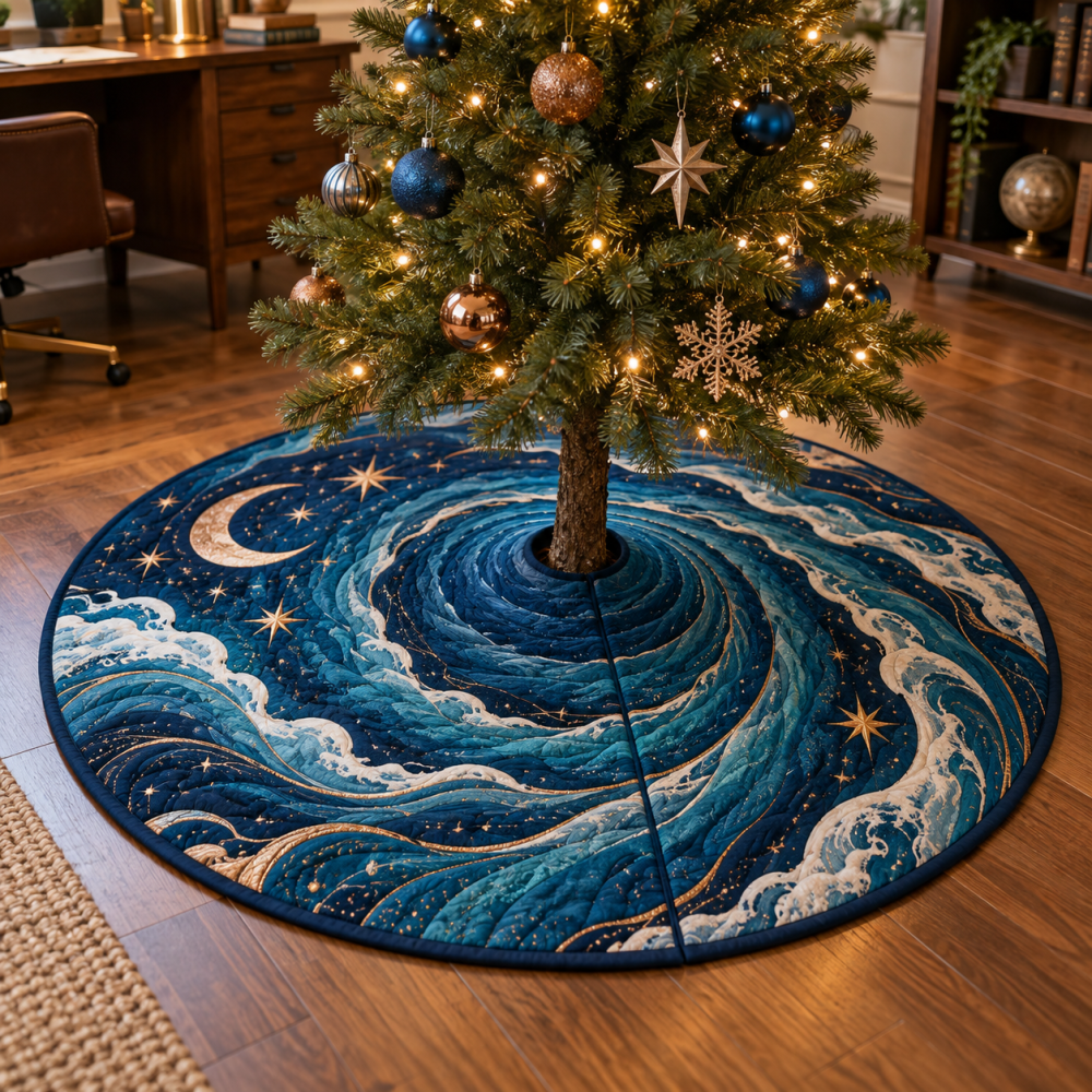 Celestial Ocean Tide Home Office Tree Skirt — Coastal-Themed Holiday Base Cover For Workspaces, Plush, Reversible & Low-Maintenance