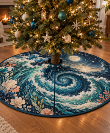 Celestial Ocean Tide Housewarming Tree Skirt — Nautical Holiday Base Cover Gift For New Homes, Plush, Reversible & Machine-Washable