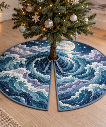 Celestial Ocean Tide Quiet Corner Tree Skirt — Serene Coastal Holiday Base Cover For Relaxation Spaces, Plush & Easy-Care