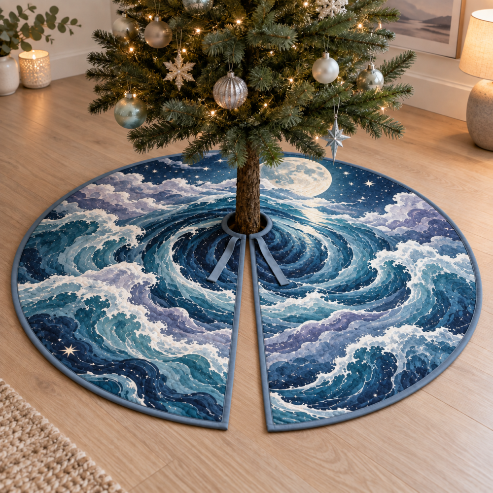 Celestial Ocean Tide Quiet Corner Tree Skirt — Serene Coastal Holiday Base Cover For Relaxation Spaces, Plush & Easy-Care