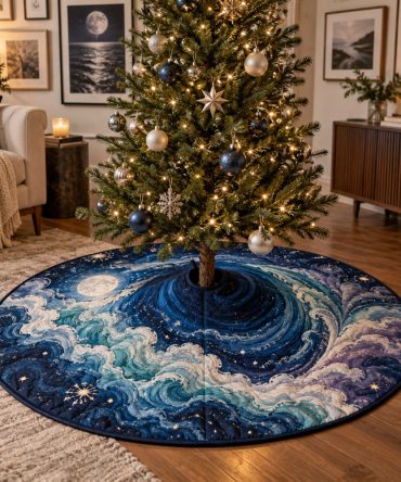 Celestial Ocean Tide Apartment Christmas Tree Skirt — Compact Nautical Base Cover For Small Spaces, Reversible & Machine-Washable