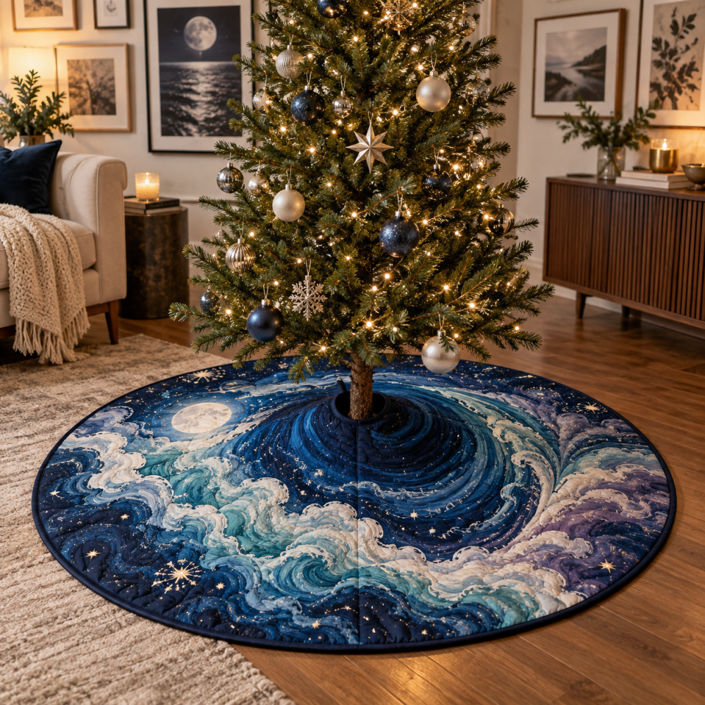 Celestial Ocean Tide Apartment Christmas Tree Skirt — Compact Nautical Base Cover For Small Spaces, Reversible & Machine-Washable
