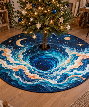 Celestial Ocean Tide Hobby Studio Tree Skirt — Coastal-Themed Christmas Base Cover For Creative Spaces, Plush & Easy-Care