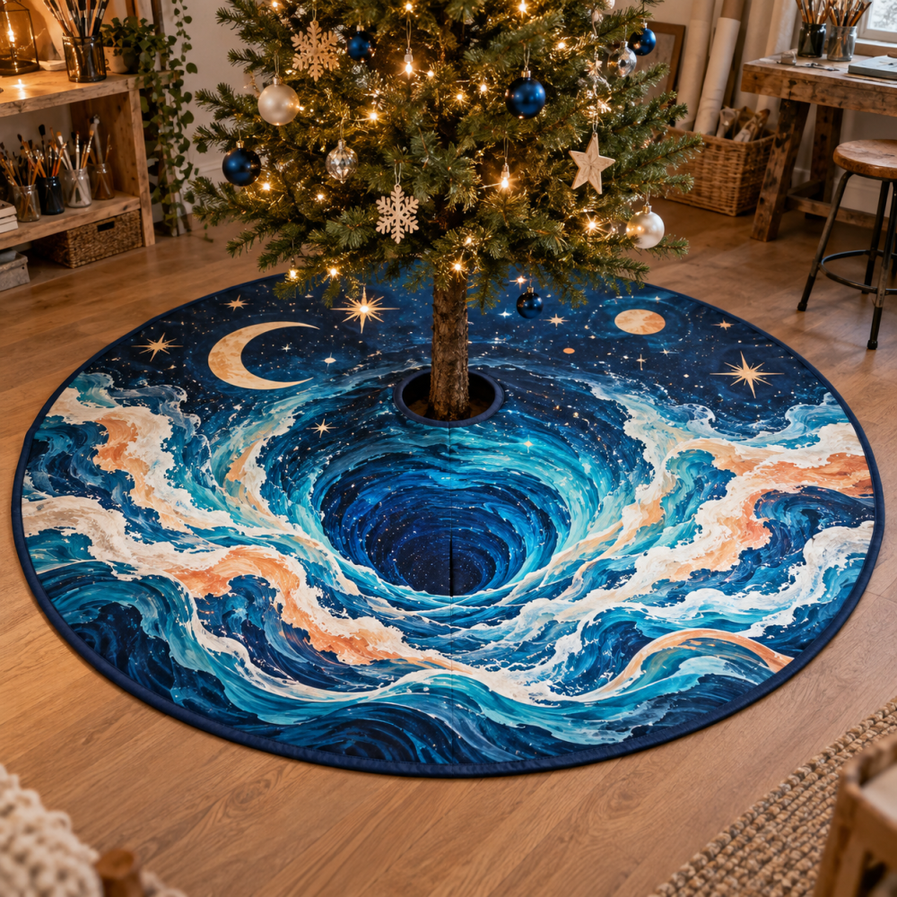 Celestial Ocean Tide Hobby Studio Tree Skirt — Coastal-Themed Christmas Base Cover For Creative Spaces, Plush & Easy-Care
