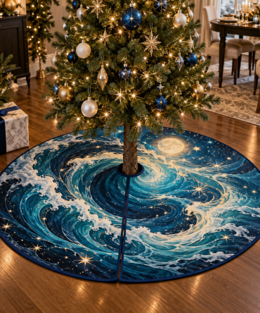Celestial Ocean Tide Holiday Tree Skirt — Nautical Star & Wave Christmas Base Cover, Plush, Reversible & Machine-Washable Gift-Ready