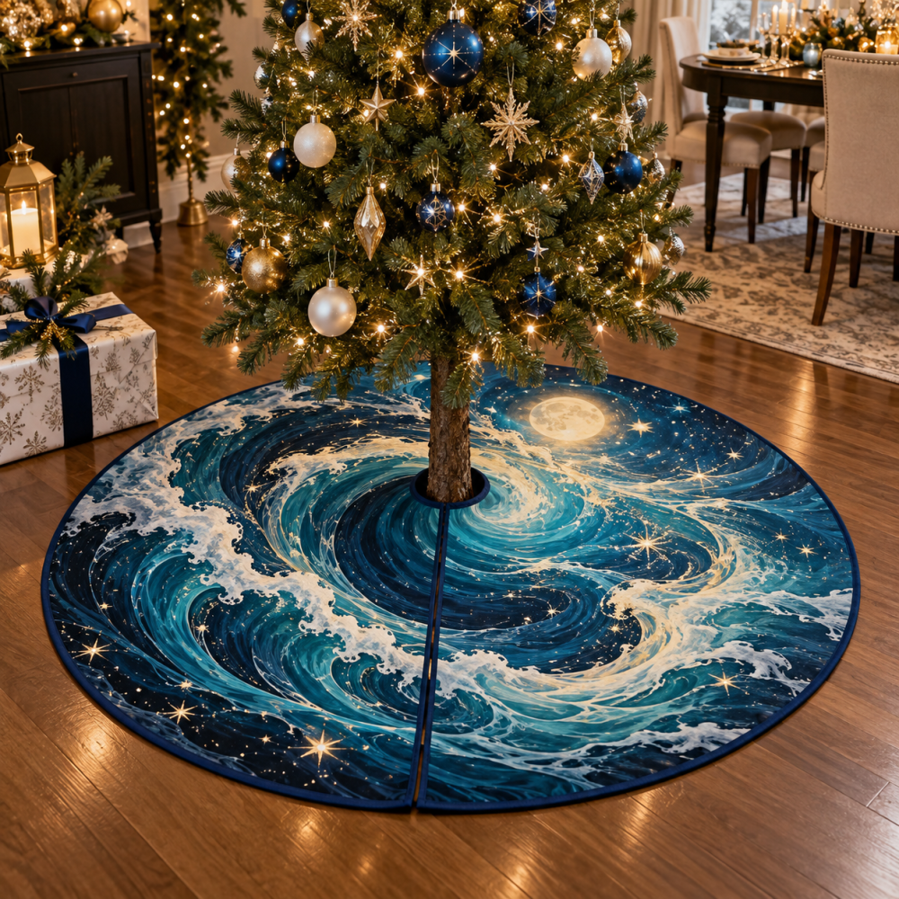 Celestial Ocean Tide Holiday Tree Skirt — Nautical Star & Wave Christmas Base Cover, Plush, Reversible & Machine-Washable Gift-Ready