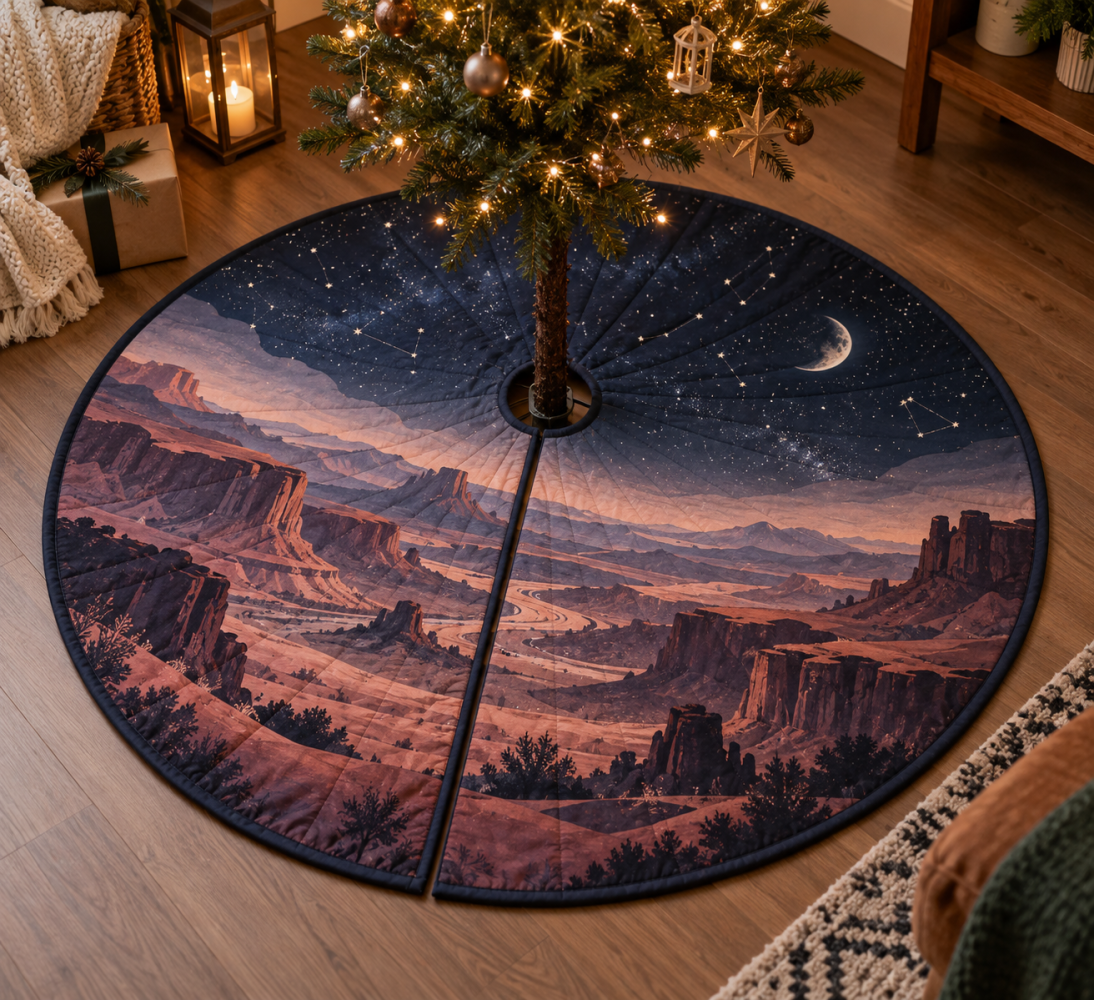Desert Night Sky Quiet Corner Christmas Tree Skirt — 60-Inch Calming Decorative Skirt For Cozy Nooks, Desert Sunset Motif, Soft Felt, Machine-Washable