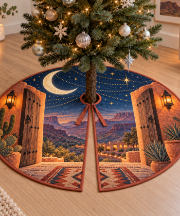 Desert Night Sky Gallery Christmas Tree Skirt — 60-Inch Showpiece Decorative Skirt, Gallery-Ready Sunset Design, Premium Felt, Machine-Washable