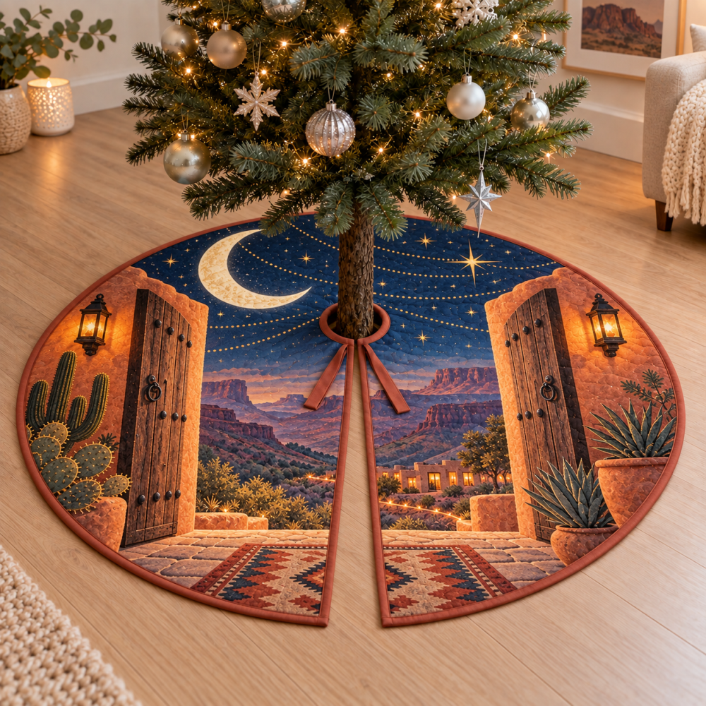 Desert Night Sky Gallery Christmas Tree Skirt — 60-Inch Showpiece Decorative Skirt, Gallery-Ready Sunset Design, Premium Felt, Machine-Washable