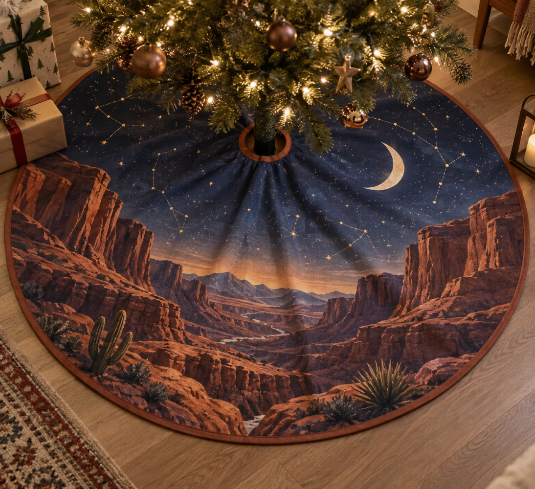 Desert Night Sky Host Gift Christmas Tree Skirt — 60-Inch Premium Decorative Skirt, Celestial Sunset Print, Soft Felt, Machine-Washable, Ready-To-Gift