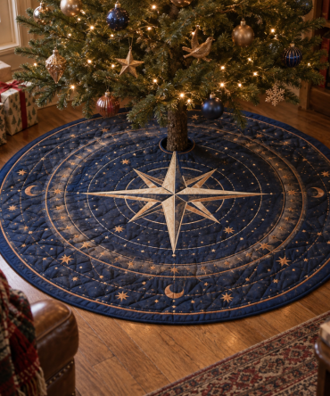 Star Compass Reading Nook Christmas Tree Skirt — 54-Inch Cozy Decorative Skirt For Book Nooks, Soft Felt, Reversible, Machine-Washable