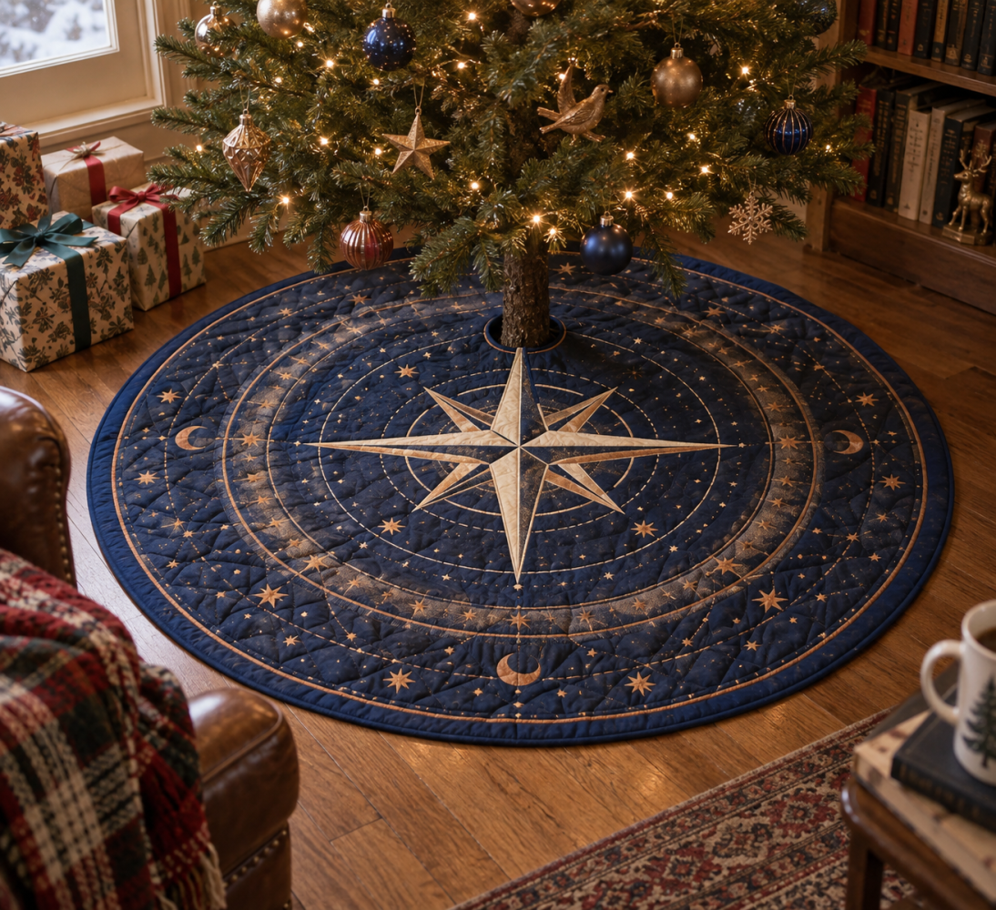 Star Compass Reading Nook Christmas Tree Skirt — 54-Inch Cozy Decorative Skirt For Book Nooks, Soft Felt, Reversible, Machine-Washable