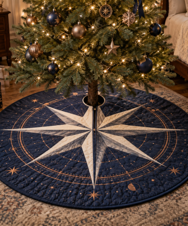 Star Compass Bedroom Christmas Tree Skirt — 54-Inch Soft Decorative Skirt For Intimate Spaces, Felt, Machine-Washable, Subtle Holiday Style