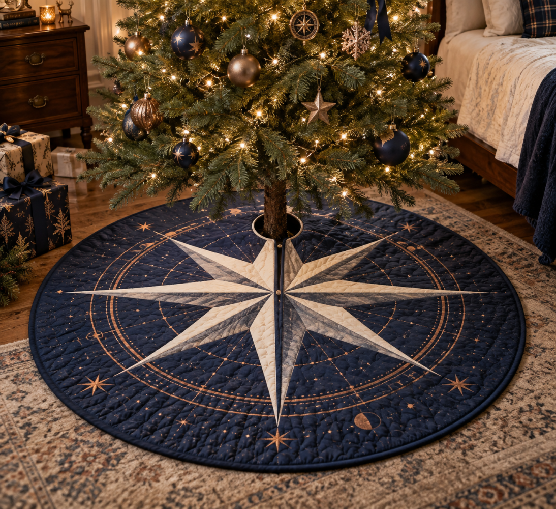 Star Compass Bedroom Christmas Tree Skirt — 54-Inch Soft Decorative Skirt For Intimate Spaces, Felt, Machine-Washable, Subtle Holiday Style