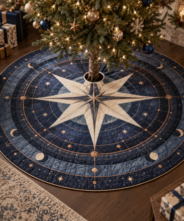 Star Compass Living Room Christmas Tree Skirt — 54-Inch Premium Decorative Skirt, Classic Compass Design, Soft Felt, Machine-Washable, Festive Focal