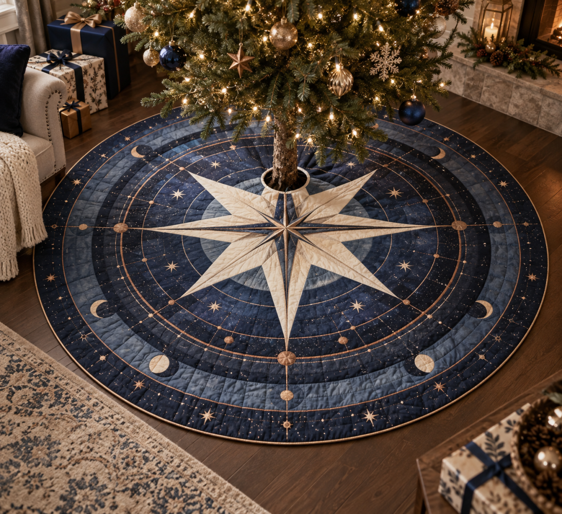 Star Compass Living Room Christmas Tree Skirt — 54-Inch Premium Decorative Skirt, Classic Compass Design, Soft Felt, Machine-Washable, Festive Focal