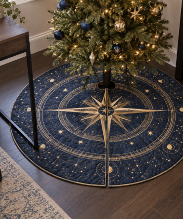 Star Compass Home Office Christmas Tree Skirt — 54-Inch Elegant Desk-Side Decorative Skirt, Low-Profile Felt, Machine-Washable, Office Holiday Decor