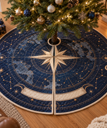 Star Compass Housewarming Christmas Tree Skirt — 54-Inch Stylish Welcome Gift, Decorative Felt Skirt, Soft, Machine-Washable, Ready-To-Gift