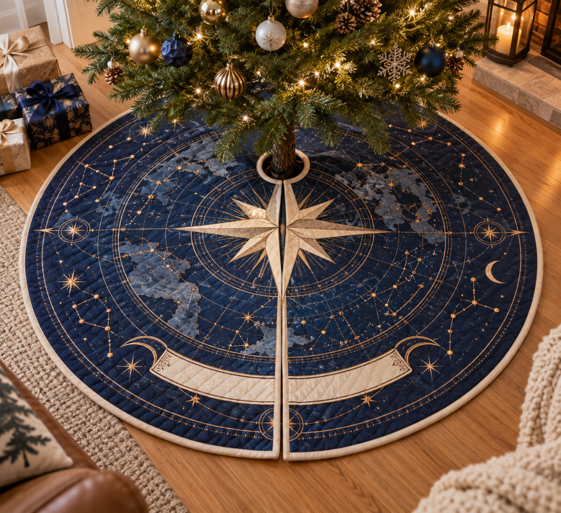 Star Compass Housewarming Christmas Tree Skirt — 54-Inch Stylish Welcome Gift, Decorative Felt Skirt, Soft, Machine-Washable, Ready-To-Gift