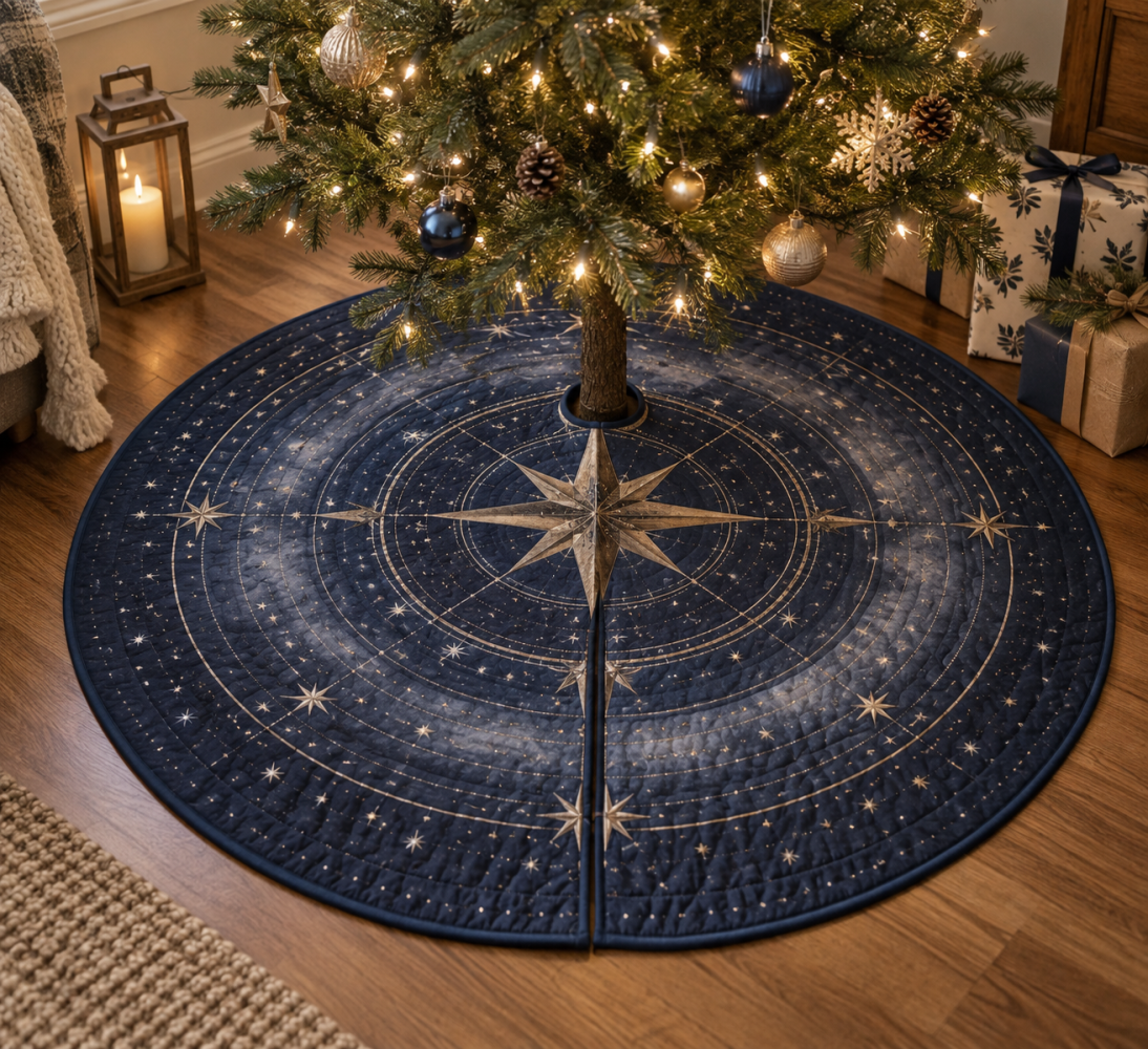 Star Compass Cozy Corner Christmas Tree Skirt — 54-Inch Decorative Skirt For Quiet Nooks, Soft Felt, Reversible, Machine-Washable