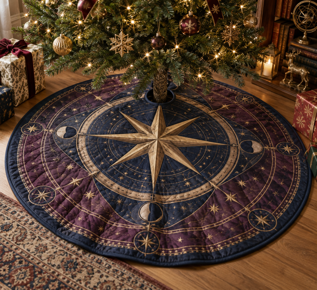 Star Compass Celebration Christmas Tree Skirt — 54-Inch Festive Decorative Skirt For Birthday And Party Trees, Soft Felt, Machine-Washable