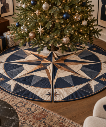Star Compass Premium Christmas Tree Skirt — 54-Inch Decorative Skirt For Gallery Display, Soft Felt, Machine-Washable