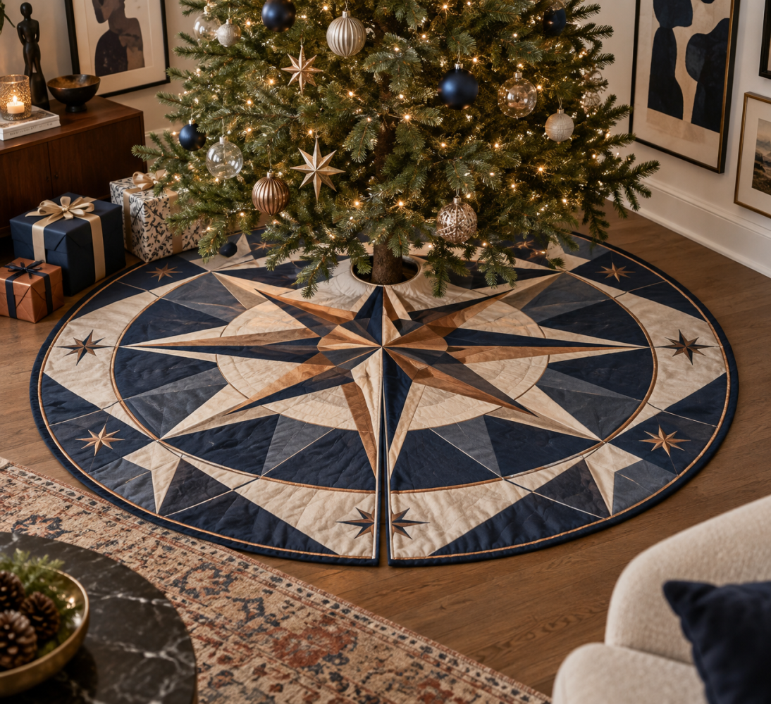 Star Compass Premium Christmas Tree Skirt — 54-Inch Decorative Skirt For Gallery Display, Soft Felt, Machine-Washable