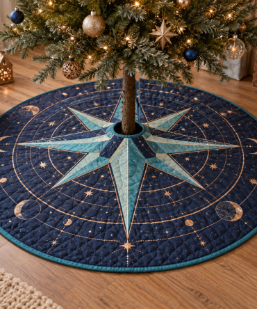 Star Compass Studio Tree Skirt — Bold Nautical Compass Christmas Base Cover To Inspire Creative Studios & Coastal Workspaces