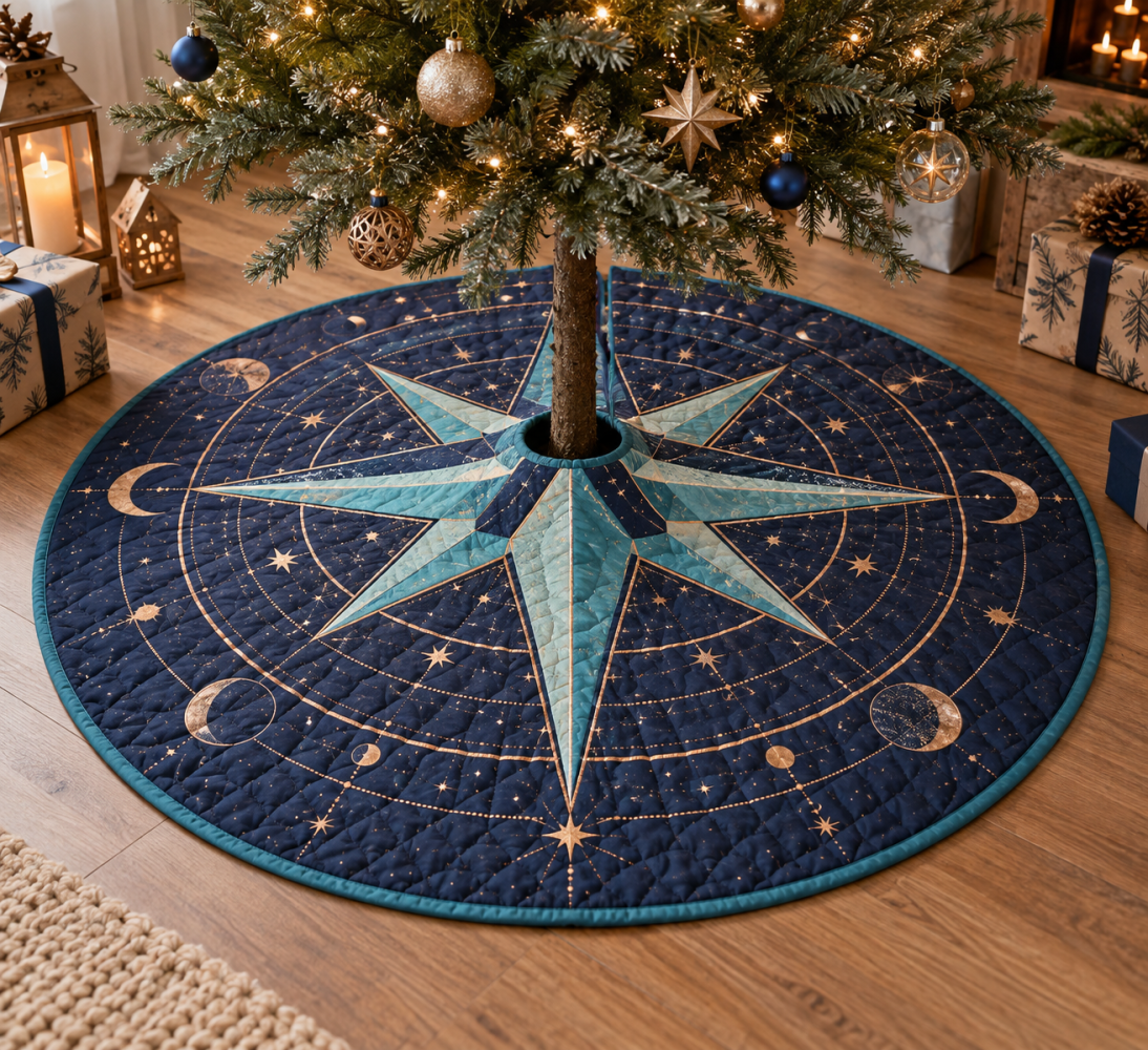 Star Compass Studio Tree Skirt — Bold Nautical Compass Christmas Base Cover To Inspire Creative Studios & Coastal Workspaces